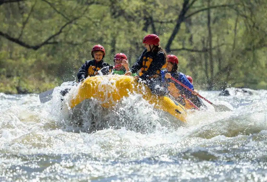 Smiling family having a blast white water rafting